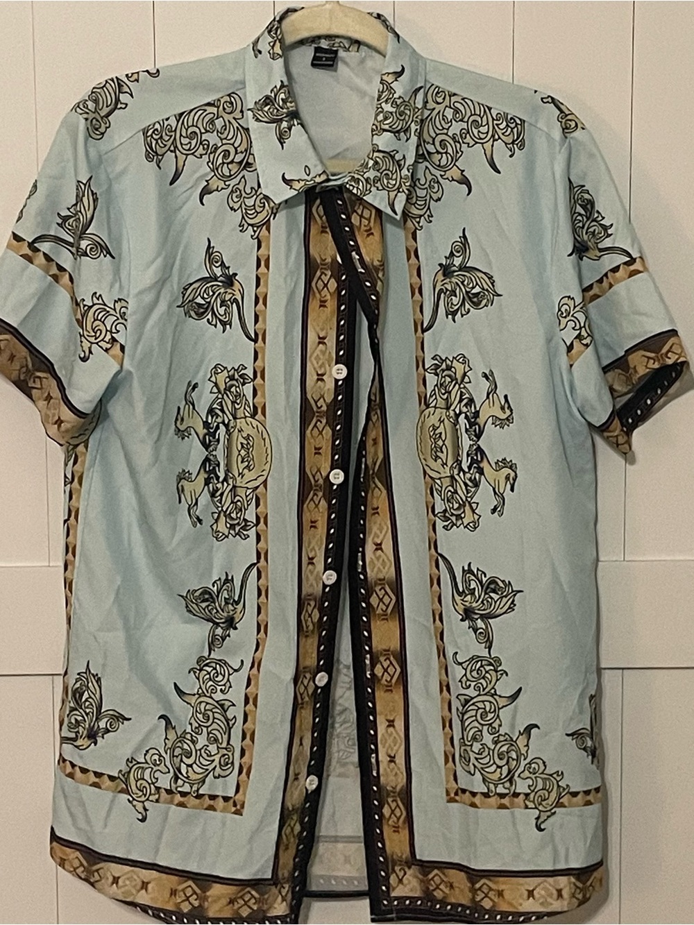 Light Blue Baroque-Print Short Sleeve Button-Down Shirt